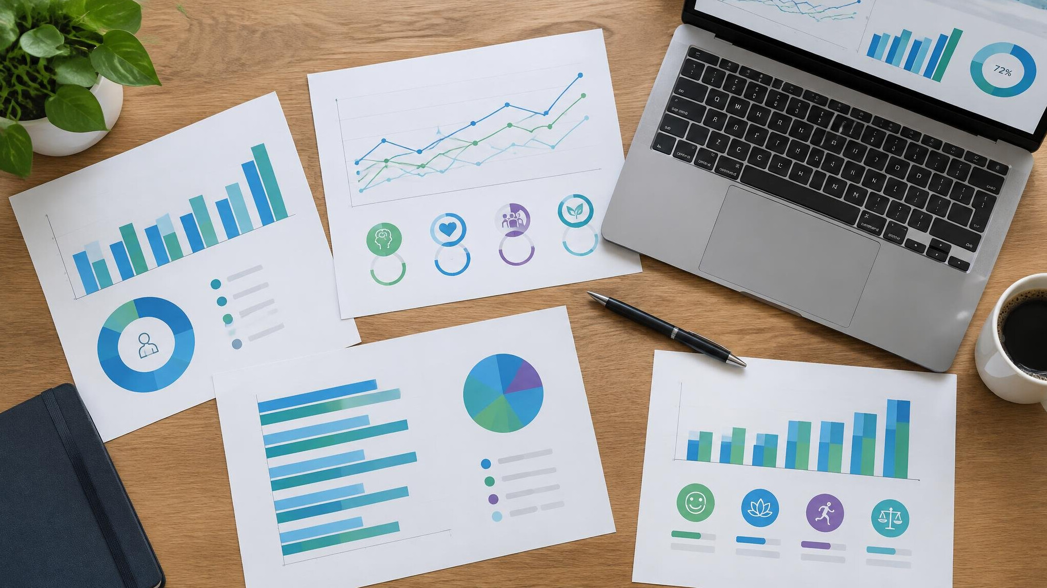 Desk with charts and a laptop for analysis