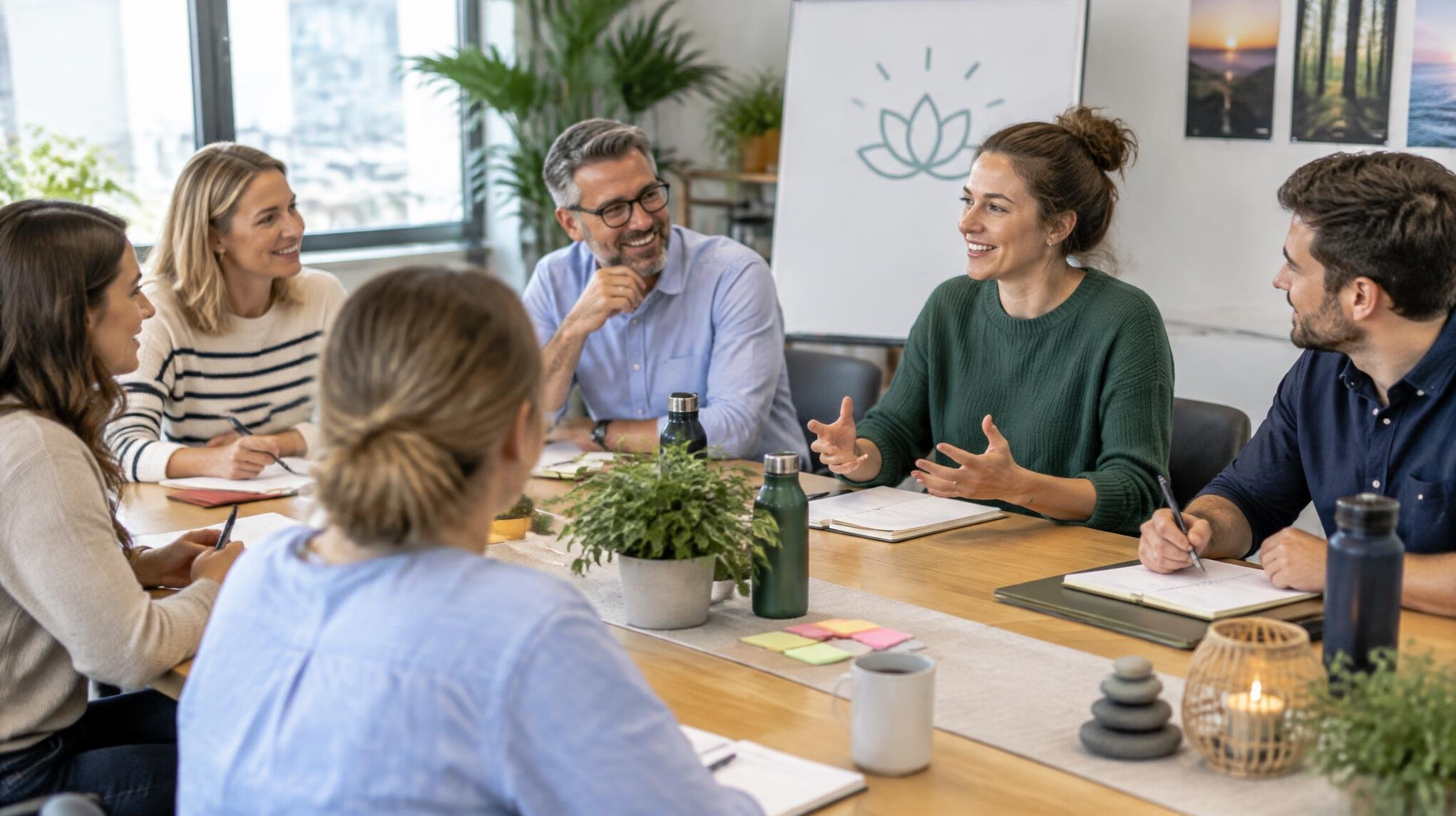 Colleagues in a team workshop around a table