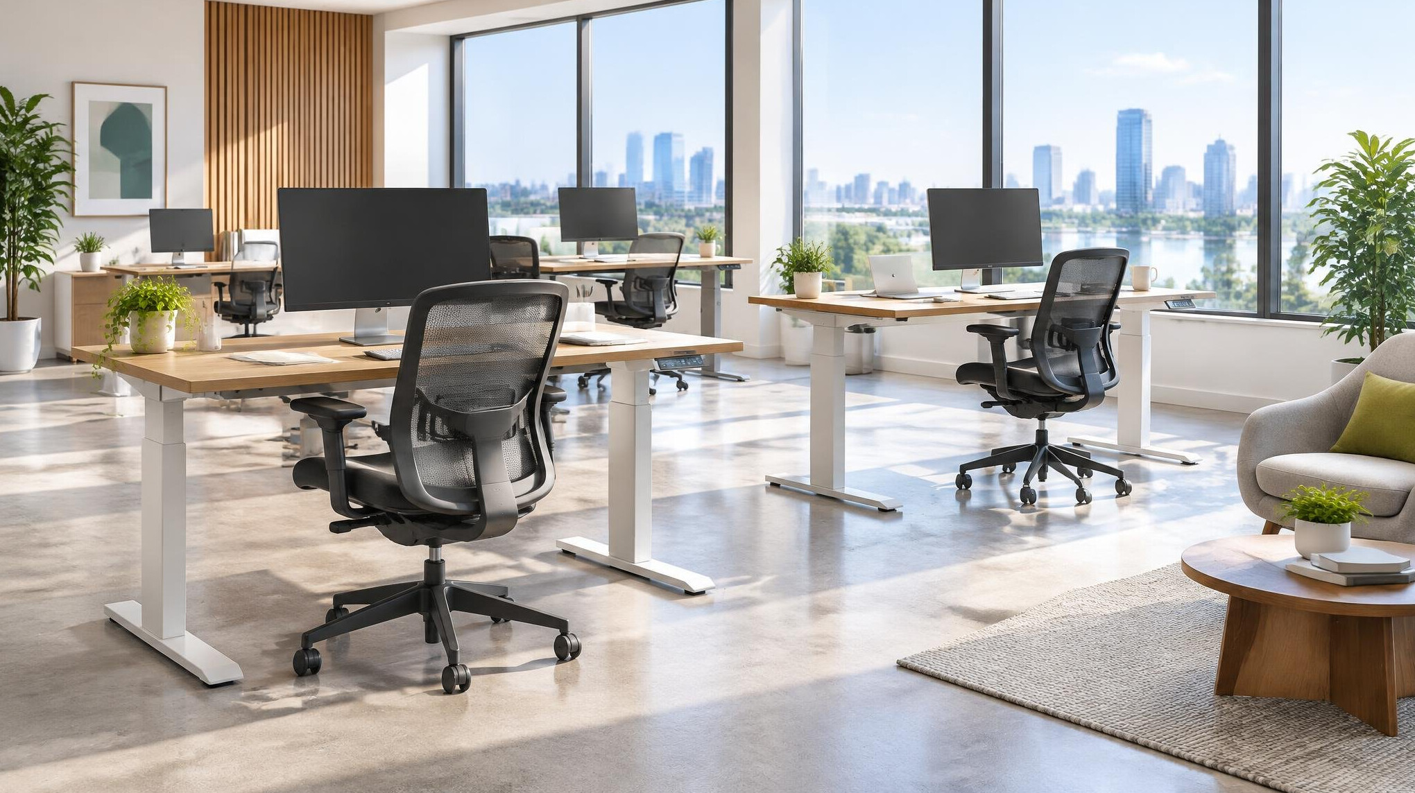 Bright office with ergonomic desks and chairs