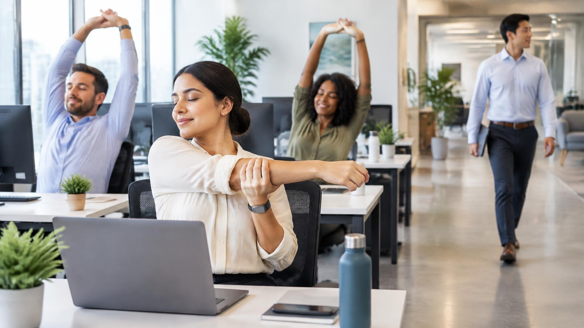 office workers stretching at desk