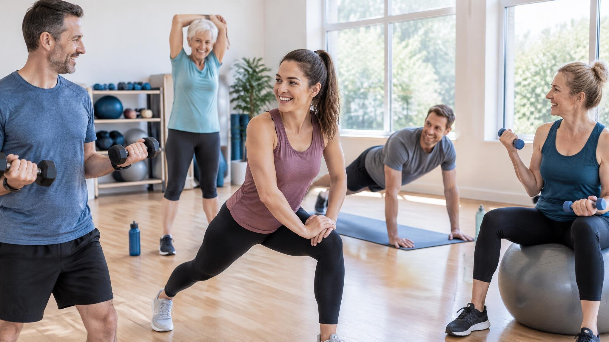 People exercising in a bright fitness studio