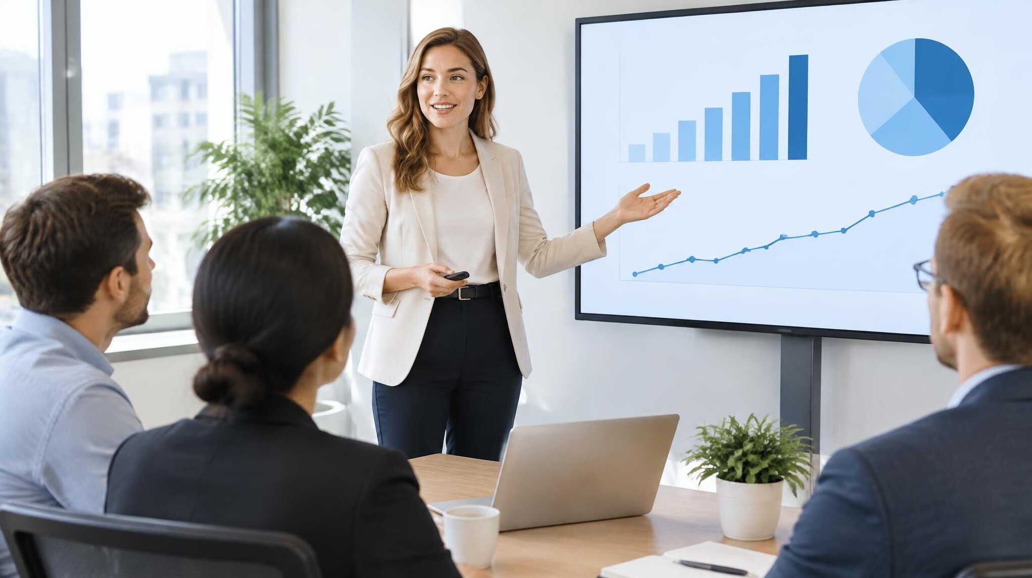 Presenter showing charts to colleagues