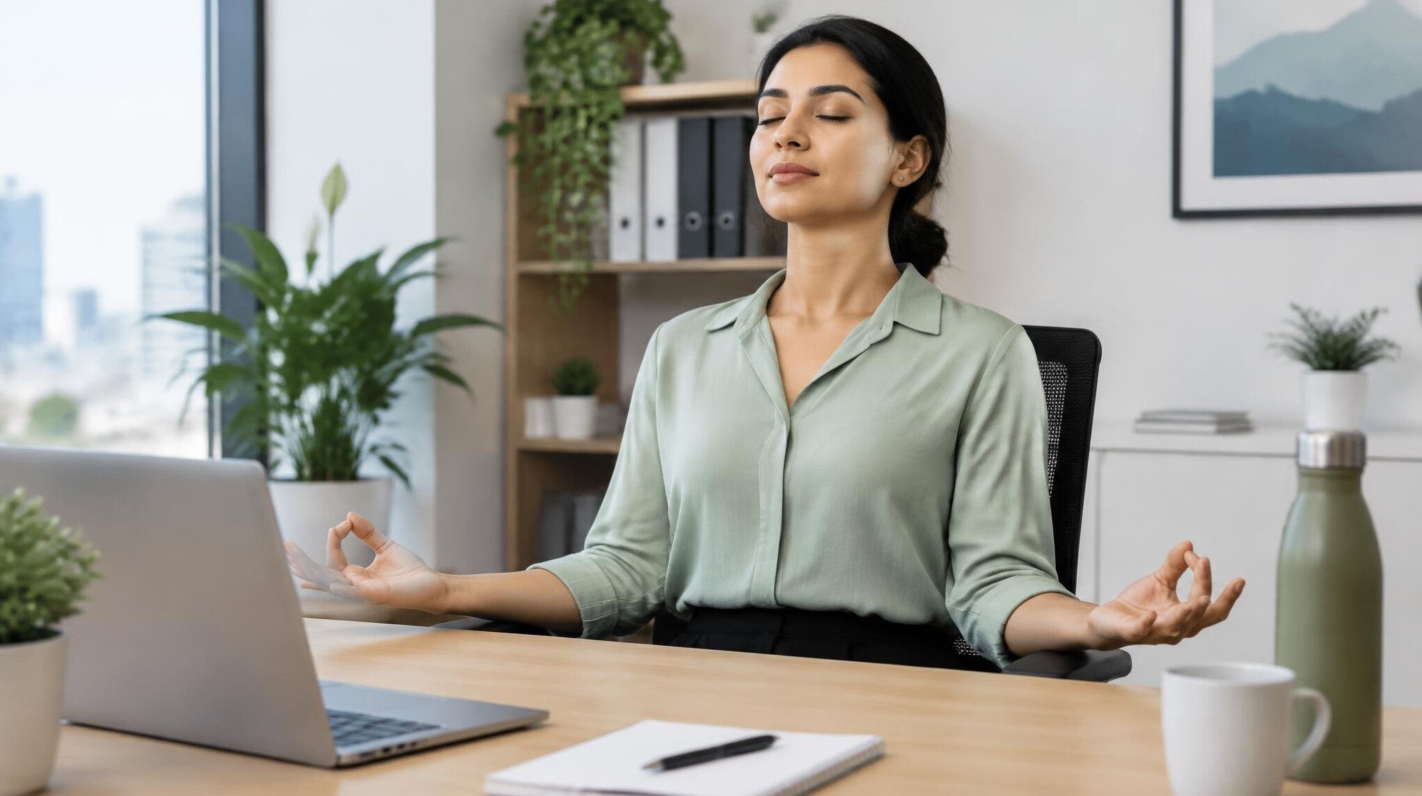 woman doing desk yoga
