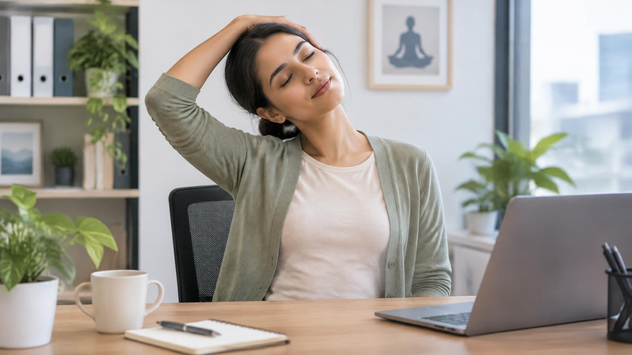 woman stretching at office