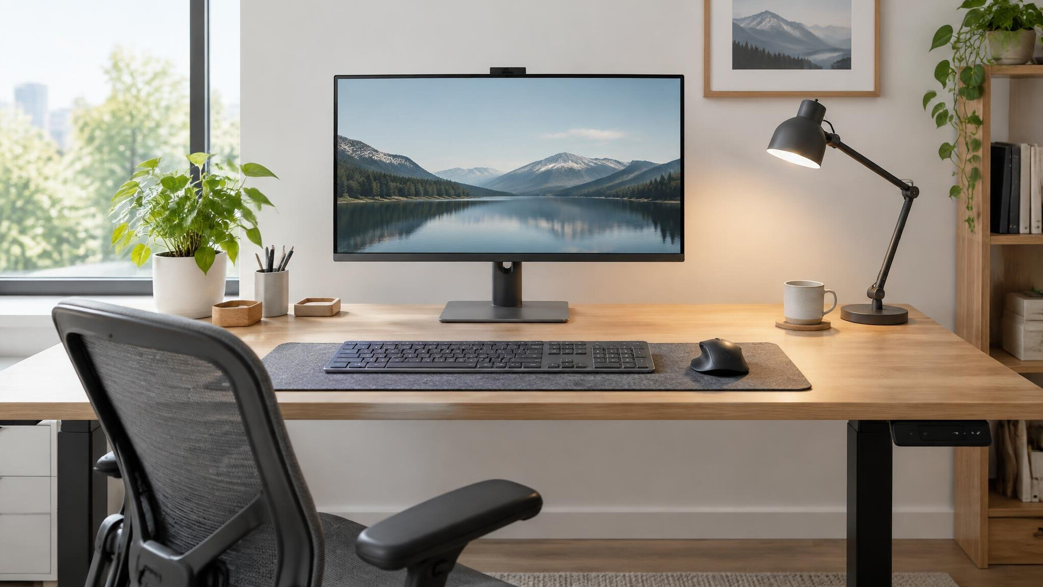 Ergonomic desk setup with monitor and keyboard