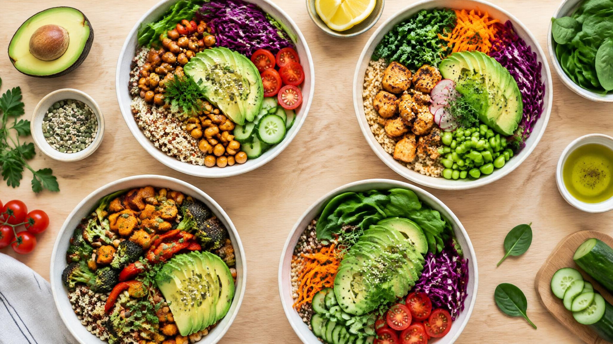 Healthy meal bowls with vegetables and grains